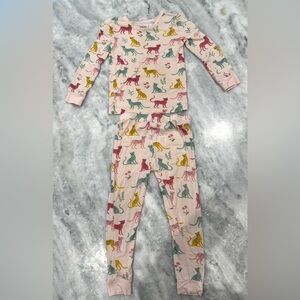 Little Me Pink Leopard Print Pajama Set with Teal, Mustard, and Rose Cats